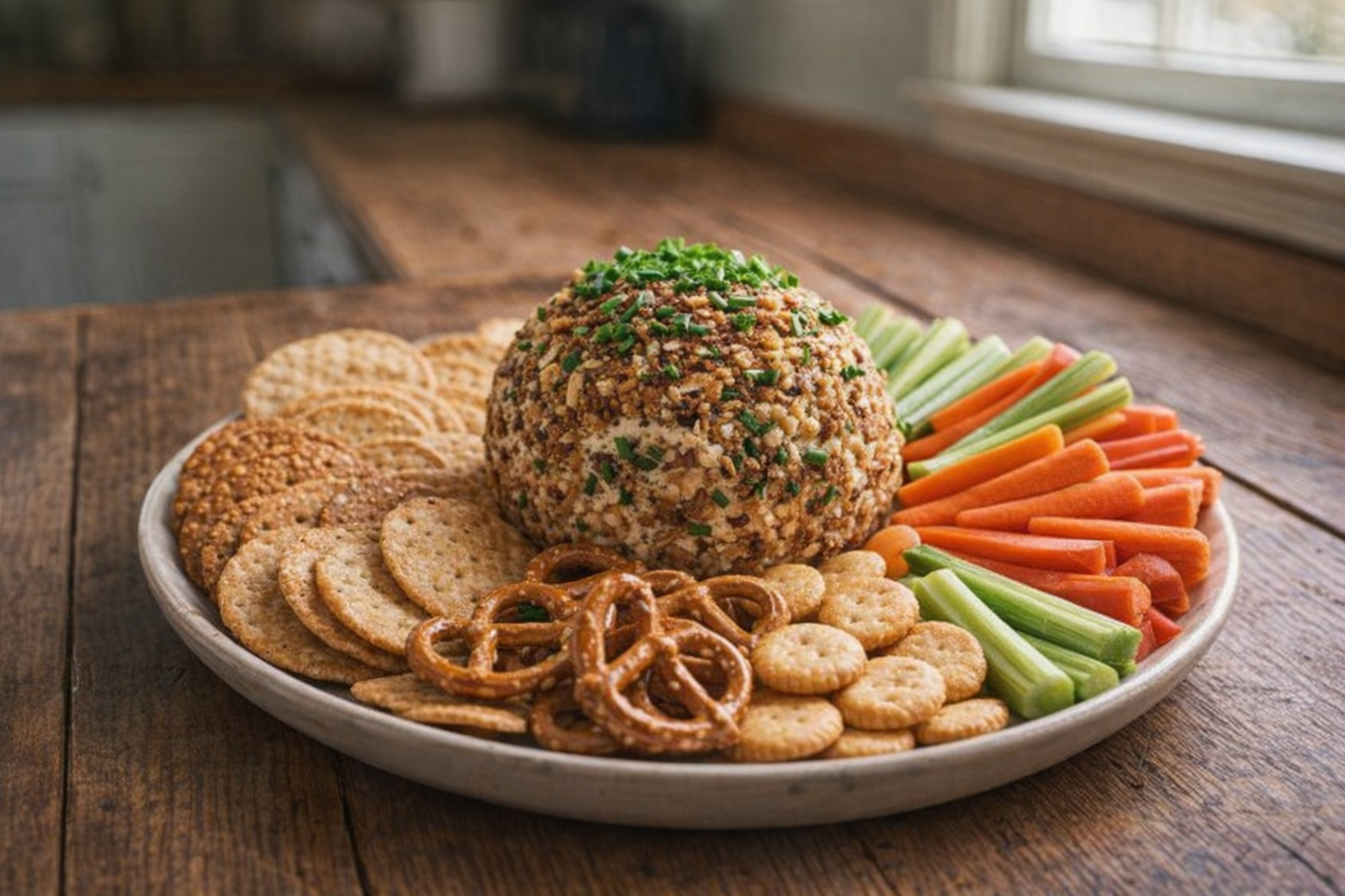 A beautifully plated cheese ball with an assortment of crackers, pretzels, and vegetables on a rustic wooden table, natural lighting.